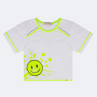 Camiseta Infantil Pampili Carinha Feliz Branco e Amarelo Neon - frente camiseta infantil emoji