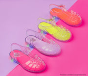 Sandália de Led Infantil Pampili Full Plastic Valen Transparente com Glitter e Pink Fluor.