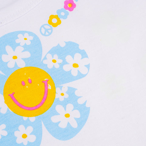 Camisola Pré-Adolescente Cara de Criança Brilha no Escuro Flores Branca e Azul - 10 a 14 Anos - estampa de flor e emoji