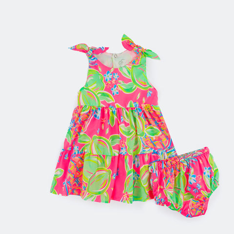 Vestido de Bebê Mon Sucré com Calcinha e Babados Tropical Colorido Neon - frente vestido e calcinha