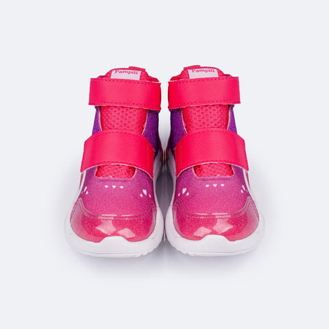 Tênis de Led Infantil Cano Médio Pampili NFT SPK 35 Glitter e Estampa Degradê Pink Maravilha - frente do tênis com calce fácil 