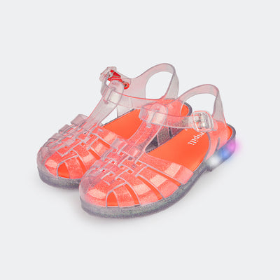 Sandália de Led Infantil Pampili Full Plastic Transparente com Glitter e Laranja Fluor - foto frontal com transparência nas tiras