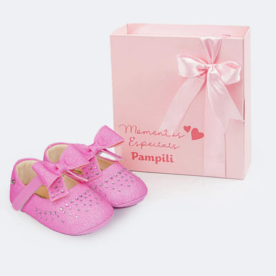 Sapato de Bebê Pampili Nina Momentos Especiais Glitter Strass Rosa Bale - sapato e caixa personalizada