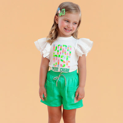 Conjunto Kids Petit Cherie Paradise com Bordado e Strass Branco e Verde - 3 a 6 Anos - menina com conjunto infantil