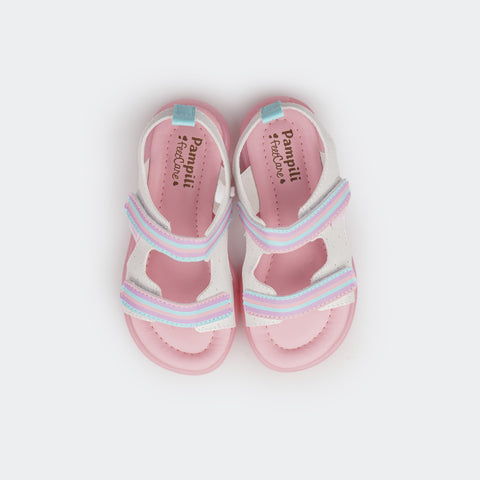 Sandália de Led Infantil Pampili Lulli Calce Fácil Listras Branca e Colorida - foto superior com palmilha rosa