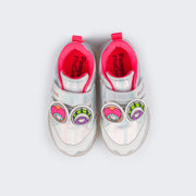 Tênis de Led Infantil Pampili Sneaker Luz Customizável Calce Fácil Monstrinho Holográfico Prata e Pink Flúor - Vem com 4 Patches - parte superior do tênis