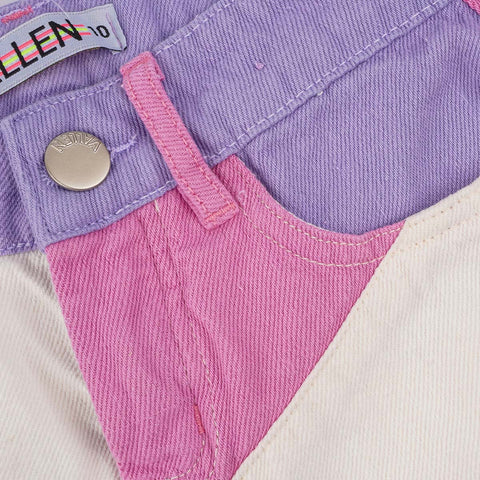 Short Jeans Feminino Infantil Vallen Branco Lilás e Rosa - detalhe de cores