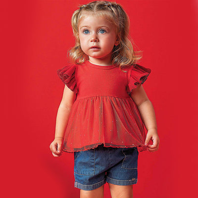 Conjunto Bebê Kukiê Bata Tule Vermelha e Short Jeans - conjunto infantil feminino