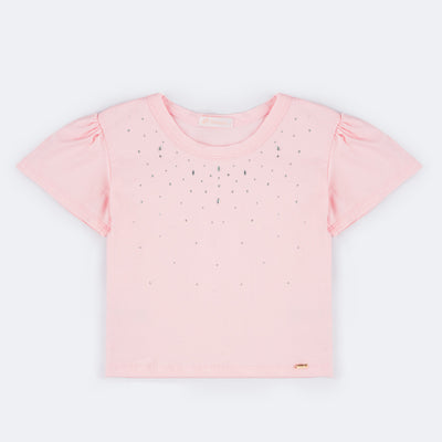 Camiseta Infantil Feminina Pampili Cetim com Pedras Strass Rosa Bebê  - frente da camiseta com pedras 