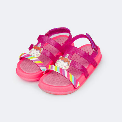 Sandália Papete Infantil Pampili Biz Glee Unicórnio Pink e Colorida - frente da sandália papete de  unicórnio