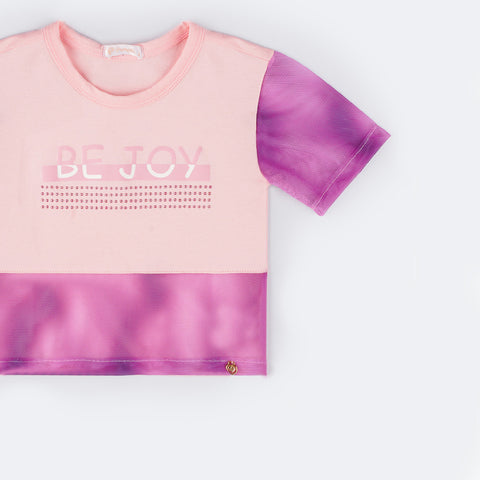 Camiseta Infantil Feminina Pampili Estampa Be Joy Tule Degradê e Rosa  - lateral mostrando manga em degradê 