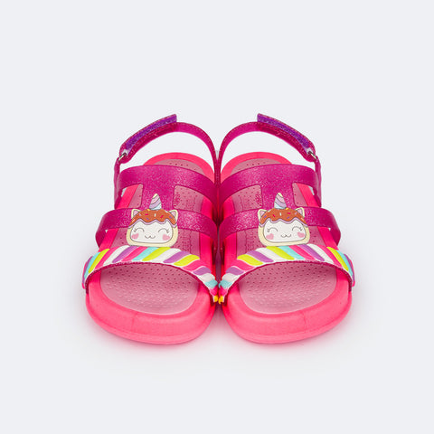Sandália Papete Infantil Pampili Biz Glee Unicórnio Pink e Colorida - frente papete menina