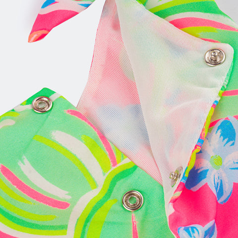 Vestido de Bebê Mon Sucré com Calcinha e Babados Tropical Colorido Neon - botôes aberto