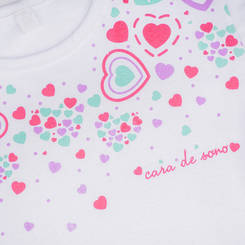 Pijama Infantil Cara de Criança Calça Corações Branco e Pink - pijama com estampa colorida