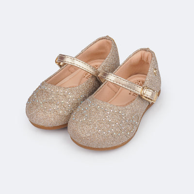 Sapato Infantil Pampili Mini Angel Corações Strass Dourado - frente sapato bebê menina