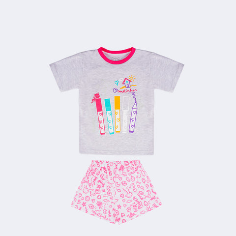 Pijama Kids Cara de Criança Brilha no Escuro Canetinhas Mescla e Branco - 4 a 8 Anos - frente do pijama infantil