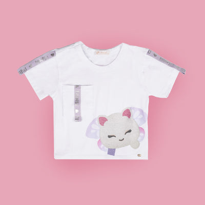 Camiseta Infantil Feminina Pampili Pamps Malu Branca - parte frontal com estampa em glitter