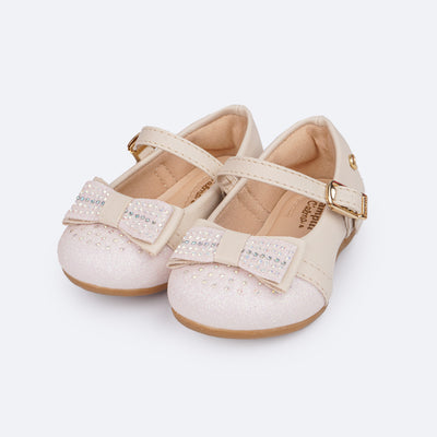 Sapato Infantil Pampili Mini Angel com Laço Duplo Glitter Strass Nude - frente do sapato infantil feminino