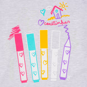 Pijama Kids Cara de Criança Brilha no Escuro Canetinhas Mescla e Branco - 4 a 8 Anos - estampa de canetinhas