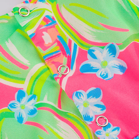 Vestido de Bebê Mon Sucré com Calcinha e Babados Tropical Colorido Neon - detalhe fecho de botões 