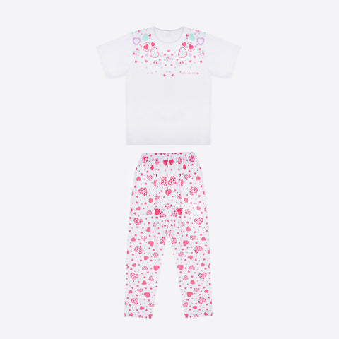 Pijama Infantil Cara de Criança Calça Corações Branco e Pink - frente do pijama infantil feminino