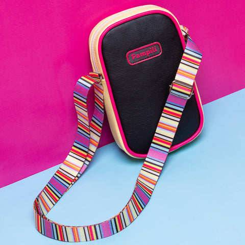 Bolsa Infantil Feminina Mini Bag Listras Coloridas e Preta.