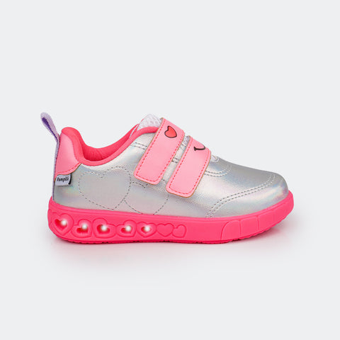 Tênis de led Infantil Pampili Sneaker Luz Holográfico Prata e Pink Fluor.
