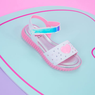 Sandália Infantil Pampili Candy Seja Luz Coração Glitter Strass Holográfica Prata Branca e Rosa Neon - frente da sandália branca