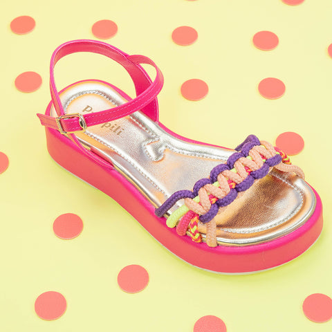 Sandália Infantil Pampili Jully com Tiras Trançadas Pink Maravilha e Colorida - frente da sandália 