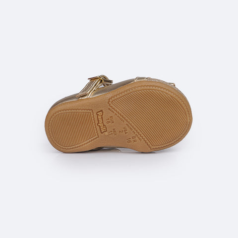 Sapato Infantil Pampili Mini Angel com Laço Duplo Glitter Strass Dourado - foto do solado do sapato 