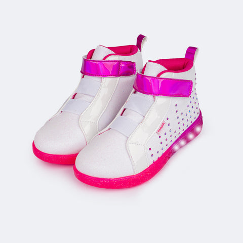 Tênis de Led Cano Médio Infantil Pampili Sneaker Seja Luz Branco e Pink - frente do tênis infantil feminino