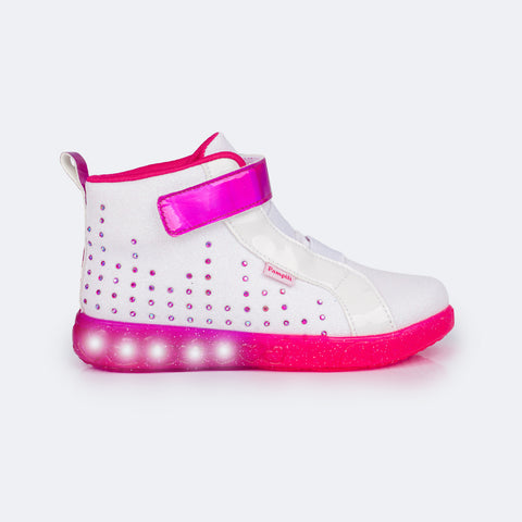 Tênis de Led Cano Médio Infantil Pampili Sneaker Seja Luz Branco e Pink - lateral tênis branco com brilho