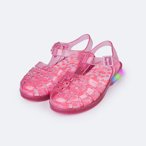 Sandália de Led Infantil Pampili Glee Valen Transparente Glitter Rosa  - frente sandália infantil de led