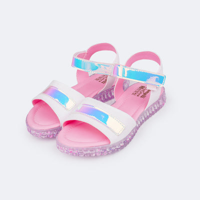 Sandália Papete Infantil Pampili Candy Glitter Holográfica Branca e Rosa - frente da sandália infantil branca