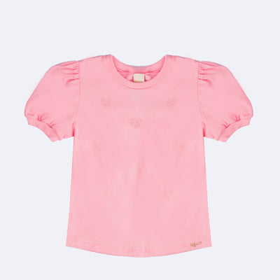 Camiseta Infantil Infanti Brilho Coração Strass Rosa - frente da camiseta infantil