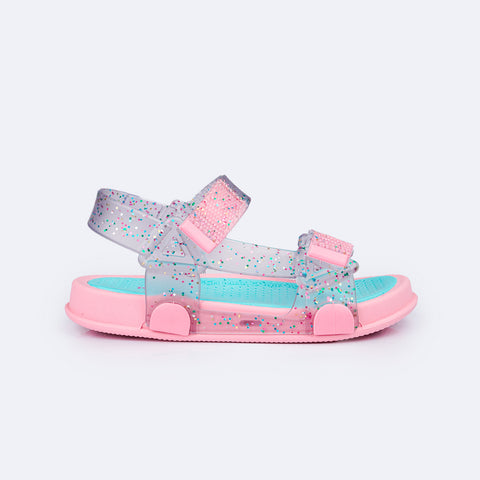 Sandália Papete Infantil Pampili Sun Glee Glitter Rosa e Azul - lateral da sandalia infantil