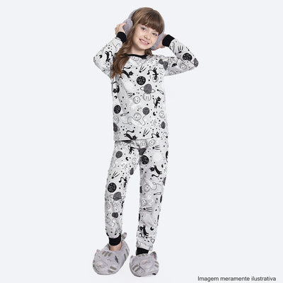 Pijama Infantil Alakazoo Manga Longa Zoo Gatos Mescla e Preto - frente pijama juvenil