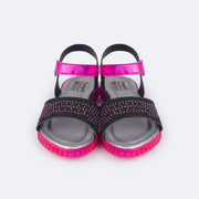 Sandália Papete Infantil Candy Glitter e Strass Preta e Pink - frente da sandália com brilho