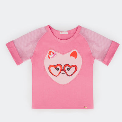 Camiseta Infantil Feminina Pampili Coração Strass Chiclete  - foto da frente da camiseta com estampa de coração 