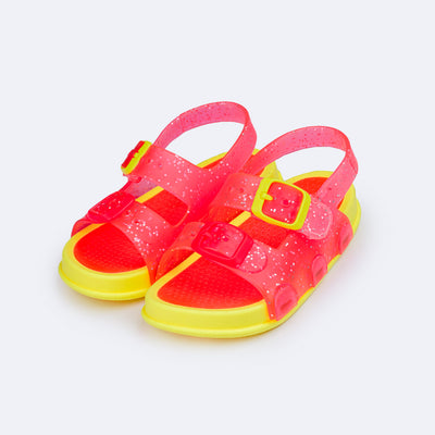 Sandália Papete Infantil Pampili Sun Glee Glitter Rosa e Neon - frente da sandália infantil glitter