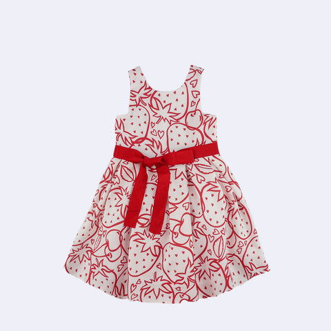 Vestido de Festa Bebê Petit Cherie Sweet Love Morango e Cereja Branco Vermelho - 1 a 3 anos - frente do vestido com laço e estampa