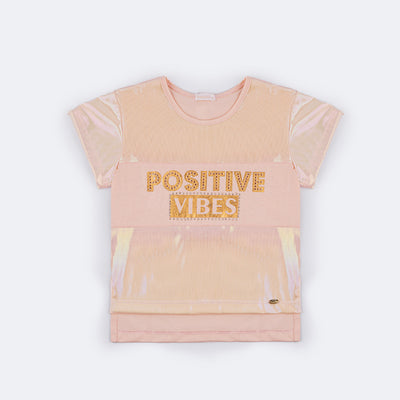 Camiseta Infantil Pampili Good Vibes com Strass e Tachas Holográfica Rosa - frente da camiseta holográfica  