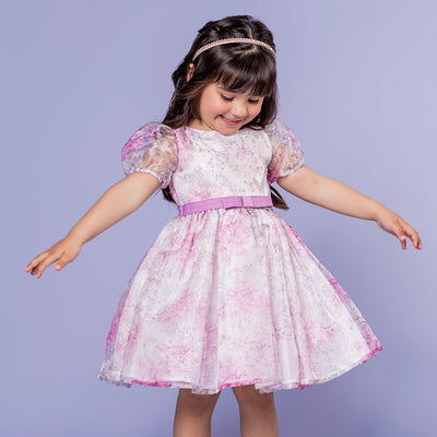 Vestido de Festa Infantil Bambollina Organza Estampada Lilás - vestido rodado na menina