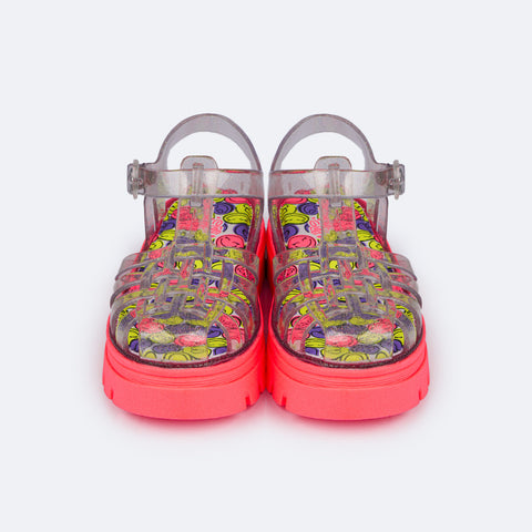 Sandália Infantil Lyra Glee Tratorada Transparente Coral e Colorida - frente da sandália infantil transparente