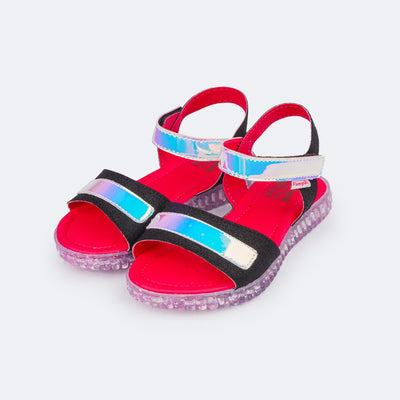 Sandália Papete Infantil Candy Glitter e Holográfica Preta e Pink - frente da sandália infantil menina