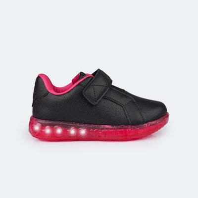 Tênis de Led Infantil Pampili Sneaker Luz Calce Fácil com Perfuros Preto e Pink  - lateral do tênis com luzes acesa 
