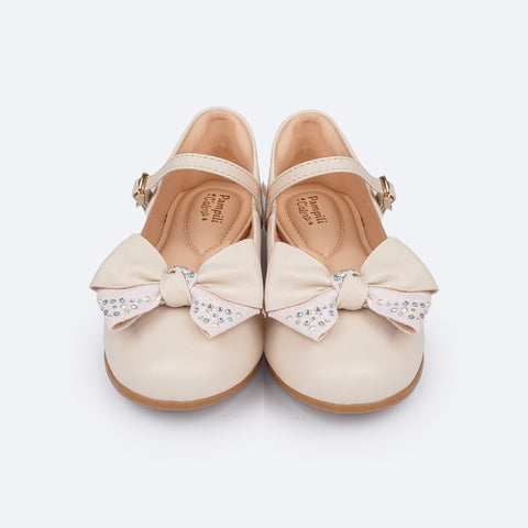 Sapato Infantil Pampili Angel com Laço Glitter Pedras Nude - frente da sapatilha infantil