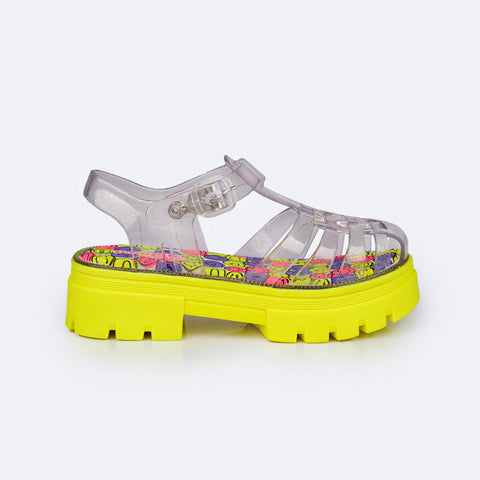 Sandália Infantil Lyra Glee Tratorada Transparente Amarelo Flúor e Colorida - lateral sandália infantil tratorada