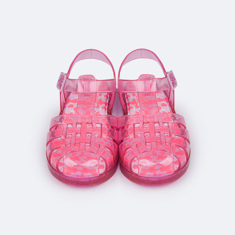 Sandália de Led Infantil Pampili Glee Valen Transparente Glitter Rosa  - frente sandália infantil rosa