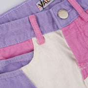 Short Jeans Feminino Infantil Vallen Branco Lilás e Rosa - short jeans com bolsos